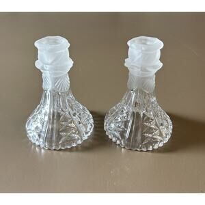 2 Anna Hutte Bleikristall Lead Crystal Frosted Rose Candle Holders VTG Sticks